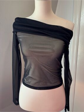 NAKD Black Sheer Mesh Off Shoulder Top XS Y2K Long Sleeve